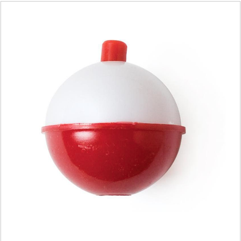 Plastic fishing bobber, colors: white top with red bottom, approximately 1-1/2" diameter